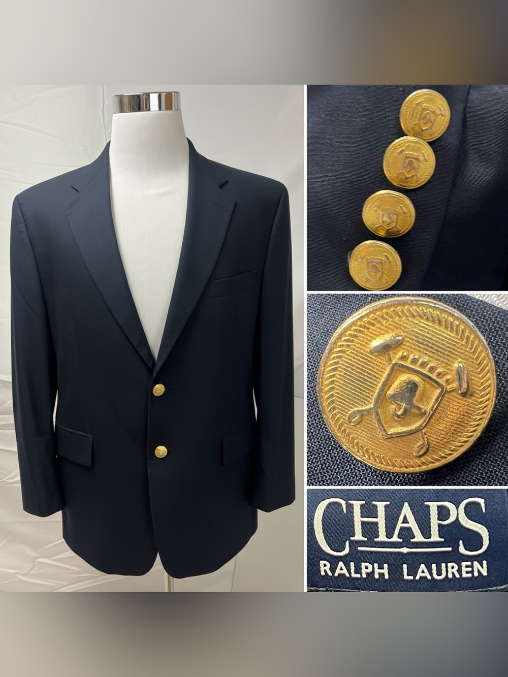 Ralph Lauren Chaps Vintage Men’s 44S Gold Button Navy Wool Sport Coat Blazer